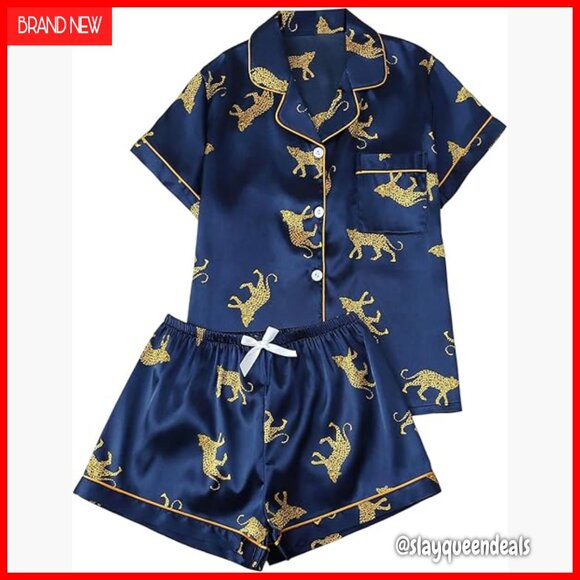 Women's Satin Pajama Set Short Sleeve Button Down Shorts Sleepwear